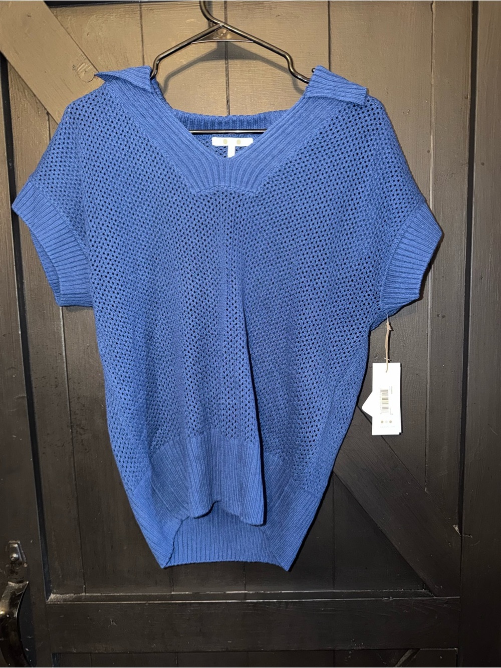 Three Dots Cobalt Open-Weave V-Neck Short Sleeve Sweater